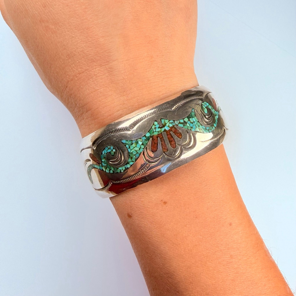 Native American Navajo Turquoise & Coral Sterling Silver BIG VTG Cuff Bracelet - Picture 7 of 11